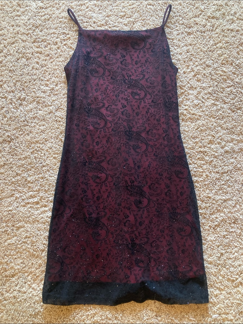Sleeveless Burgundy Paisley Midi Slip Dress with Black Trim